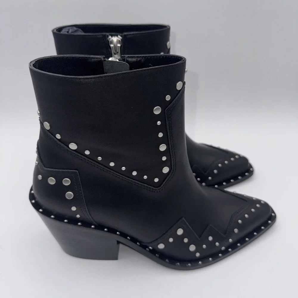 The Kooples Santiag Studded Boot Women's Size 7 EU 38 Black Leather Dustbag